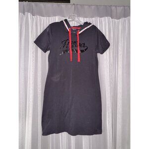 Tommy Hilfiger Navy Blue Logo Hoodie Dress With Red Drawstrings Size M